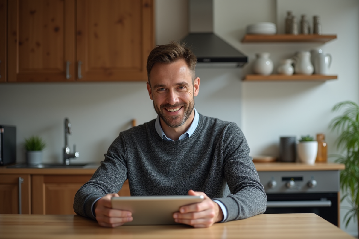 Homme d âge moyen utilisant une tablette dans une cuisine chaleureuse