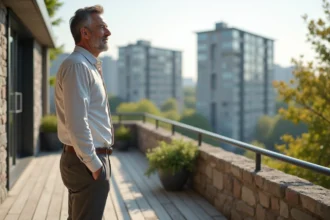 Homme d'âge moyen sur une terrasse urbaine en détente