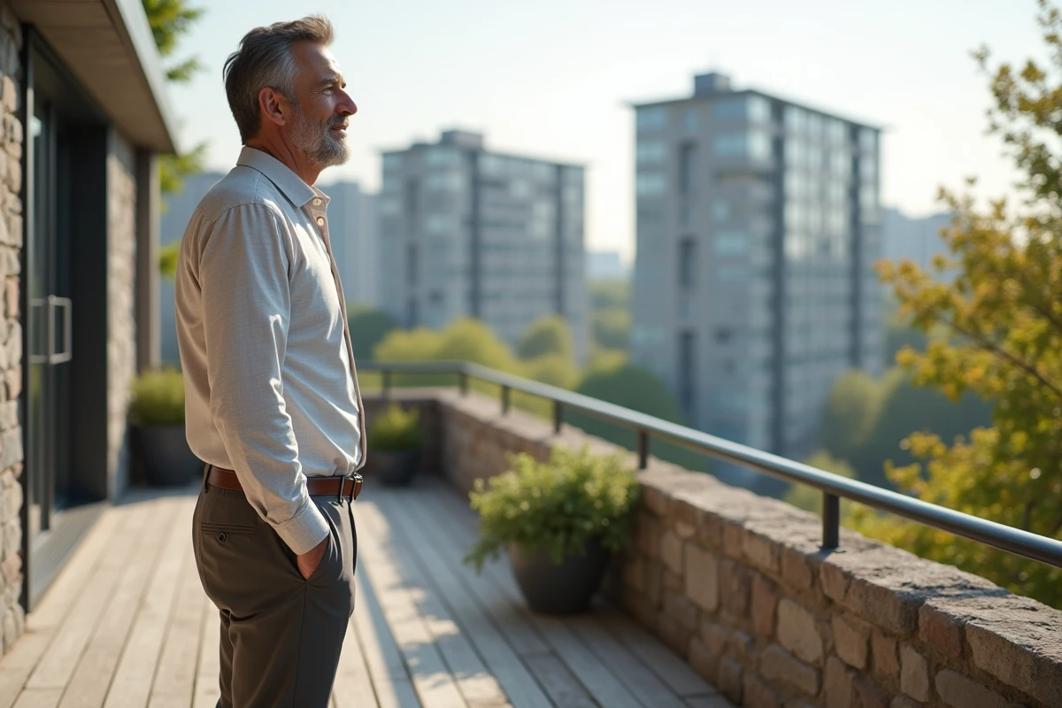 Homme d'âge moyen sur une terrasse urbaine en détente
