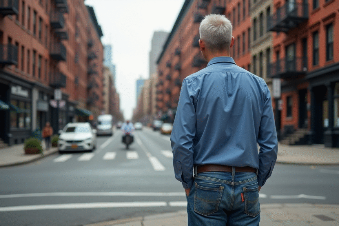 Homme d'âge moyen observant bâtiments modernes et anciens