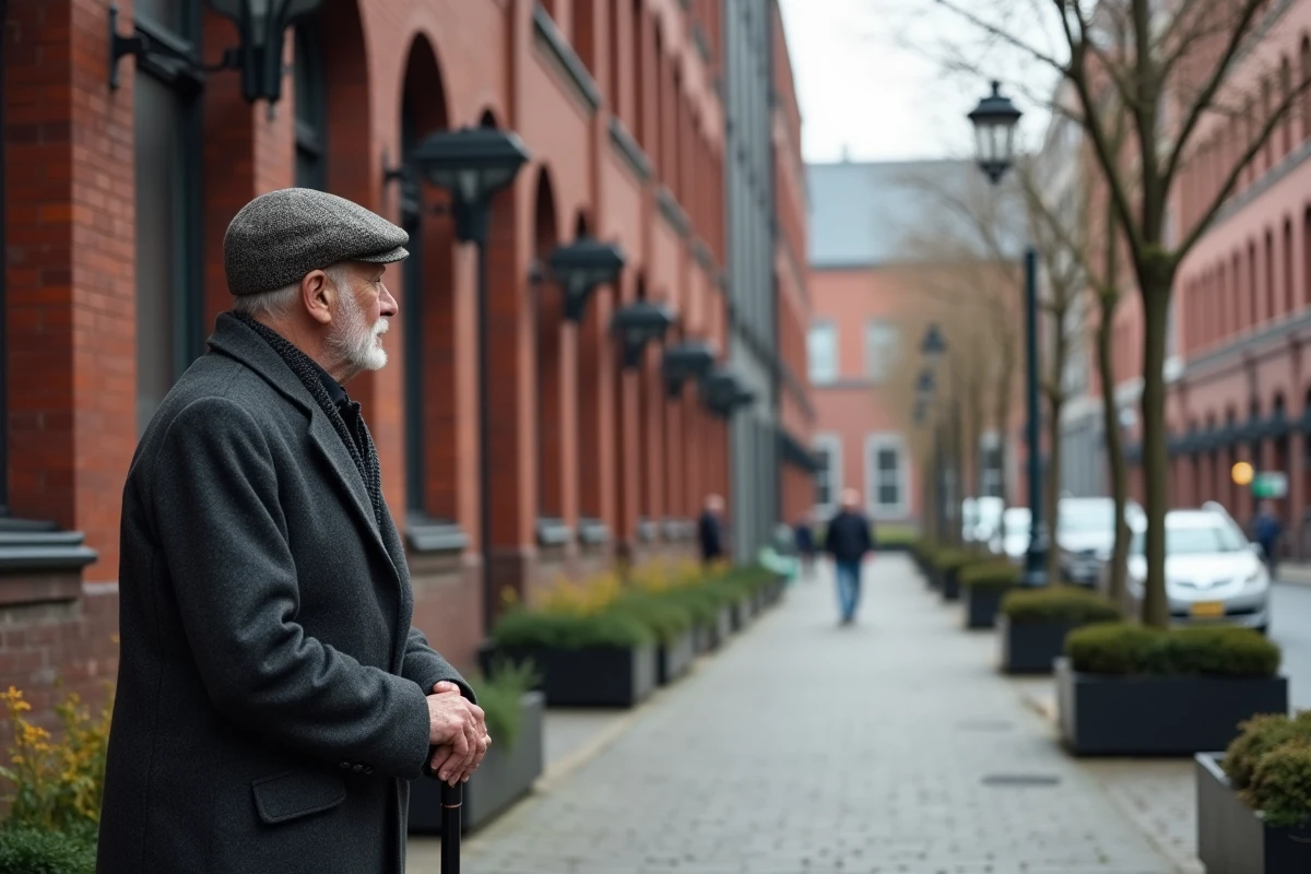 Homme âgé en manteau de laine et casquette dans une rue urbaine