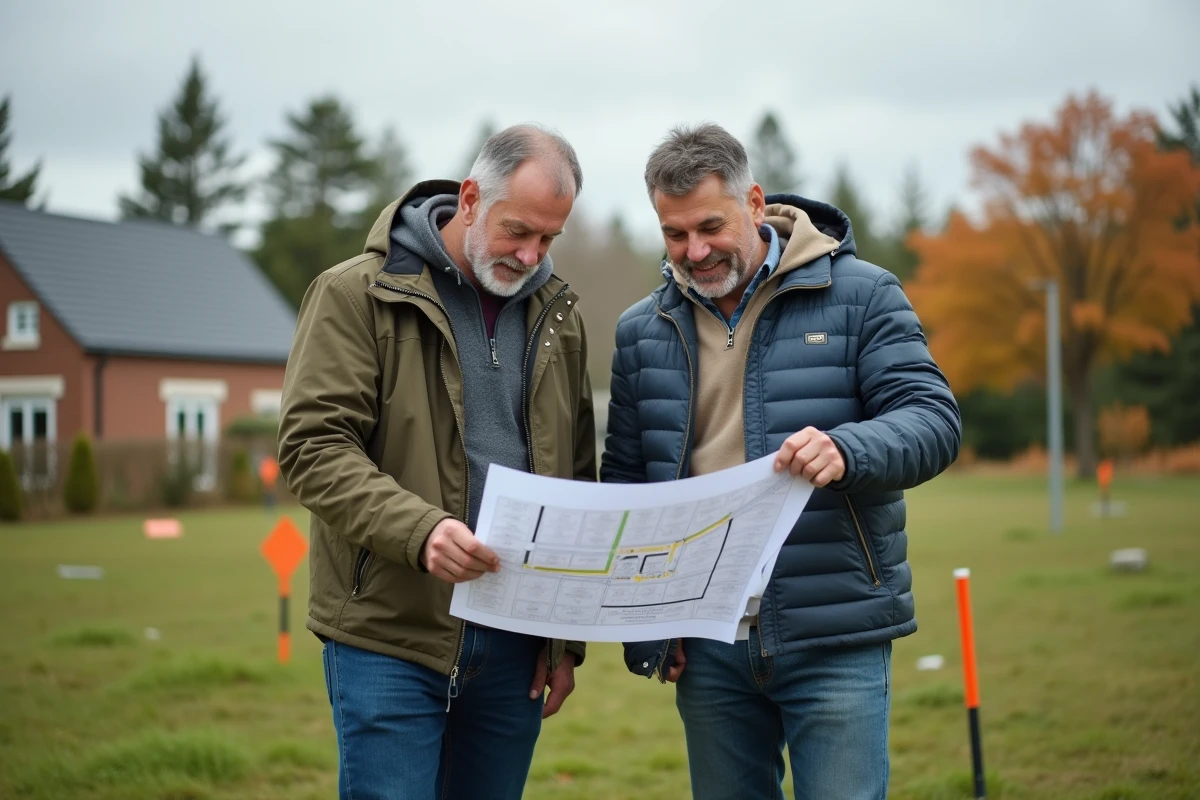 Deux hommes examinant un plan de lotissement en extérieur