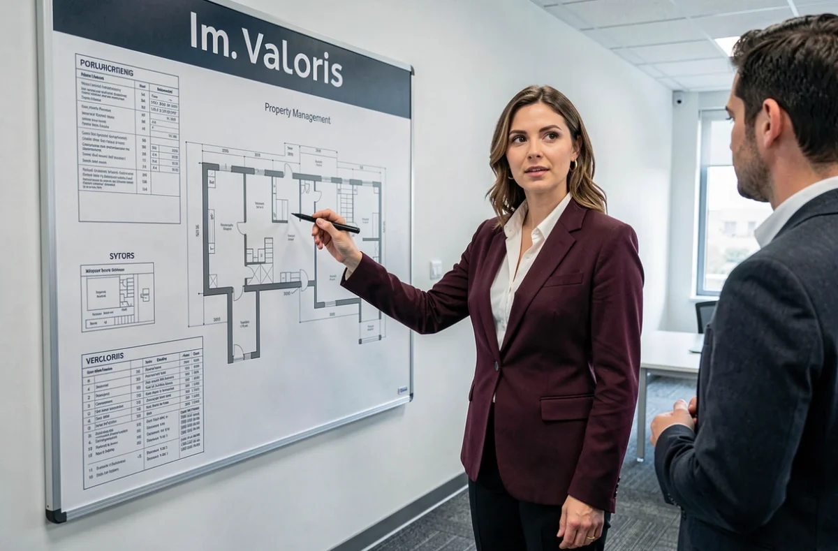 Professionnelle de Im. Valoris présentant un plan de copropriété à un collègue dans leur agence