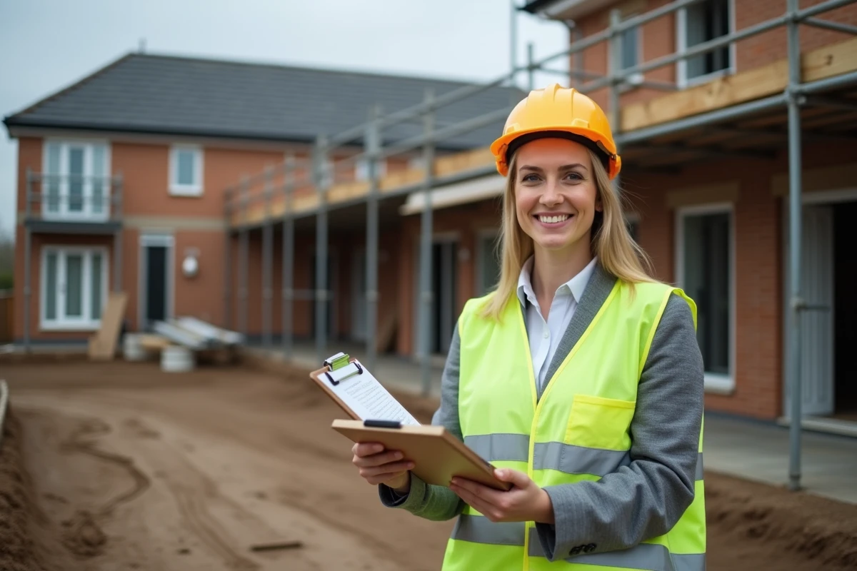 Experte en bâtiment effectuant une inspection préventive sur un chantier résidentiel avec échafaudage et matériaux de construction