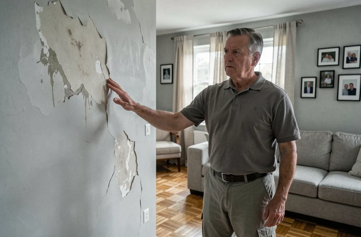 Homme inspectant des dégâts des eaux sur un mur intérieur d'une maison pour une déclaration d'assurance habitation