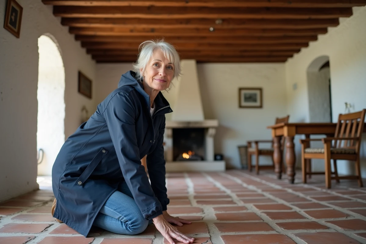 Femme inspectant poutres en bois dans intérieur rustique