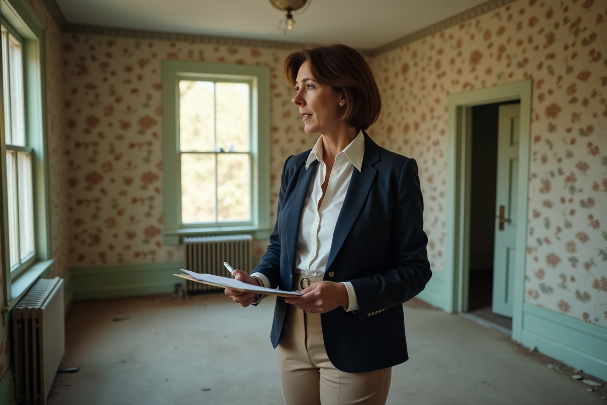 Inspectrice immobilière dans un salon en délabrement