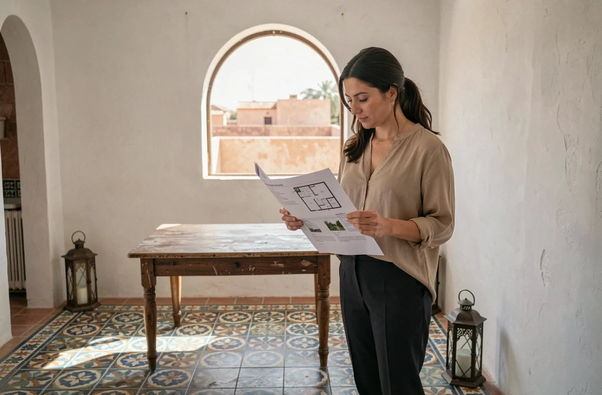 Intérieur d'un appartement à vendre à Marrakech avec carrelage traditionnel et potentiel de rénovation accessible