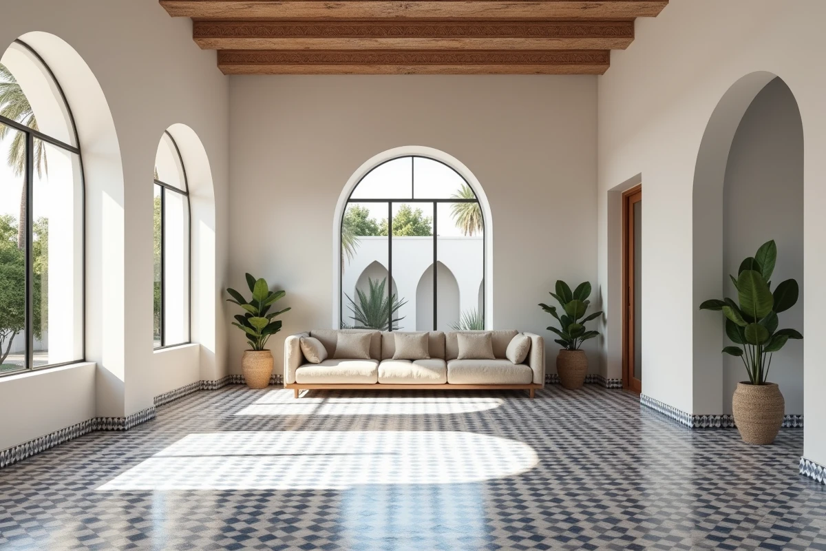 Intérieur spacieux d'un appartement à vendre à Marrakech avec sol en zellige, arches et fenêtres donnant sur une cour palmiers