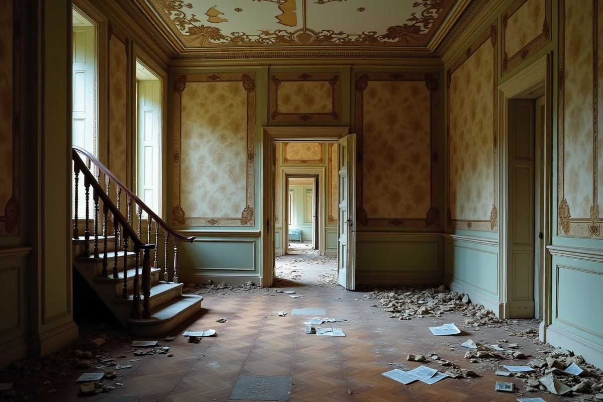 Intérieur délabré d'un château abandonné avec papier peint décollé, escalier effondré et parquet gondolé