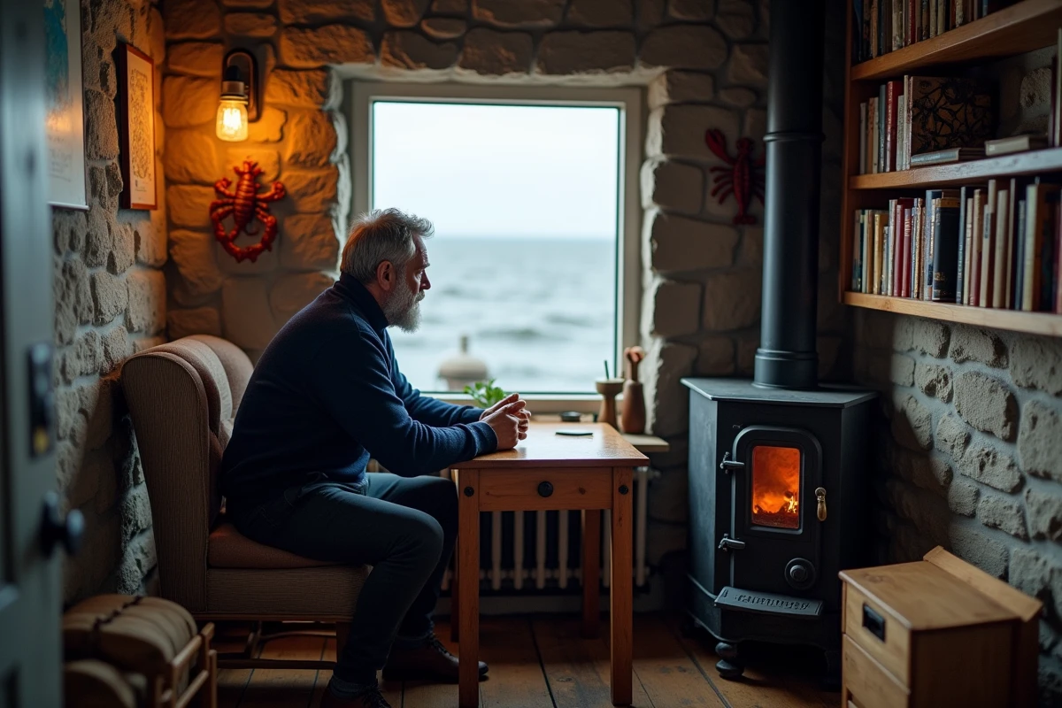 Intérieur chaleureux d'une petite maison de pêcheur bretonne avec poêle à bois, murs en pierre apparente et vue sur la mer grise