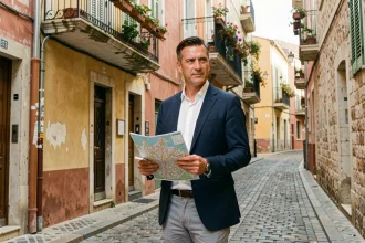 Investisseur immobilier explorant le quartier historique du Panier à Marseille avec une carte et un carnet de notes