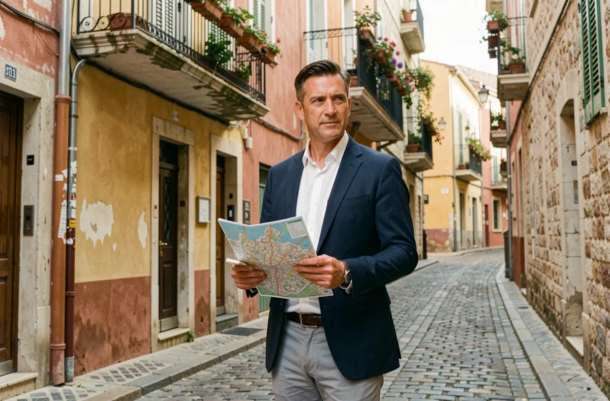 Investisseur immobilier explorant le quartier historique du Panier à Marseille avec une carte et un carnet de notes