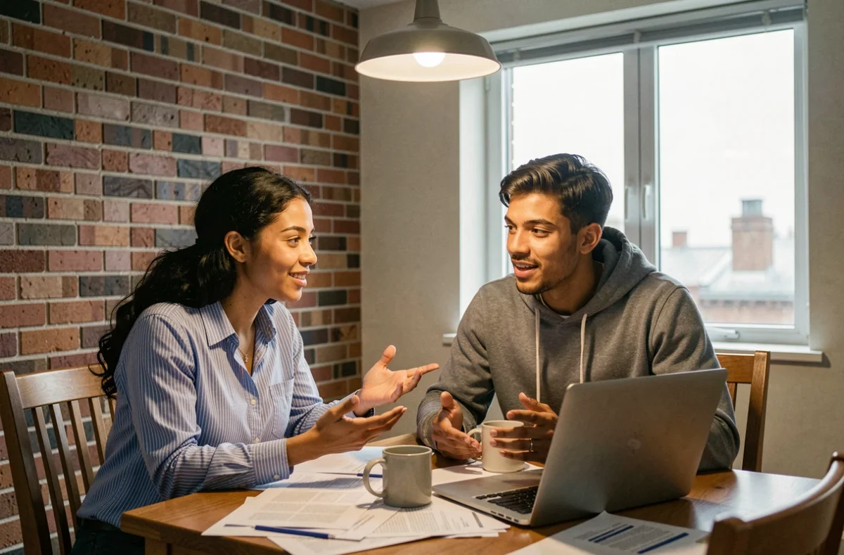 Jeune couple comparant des assurances habitation pas chères ensemble dans leur appartement en ville