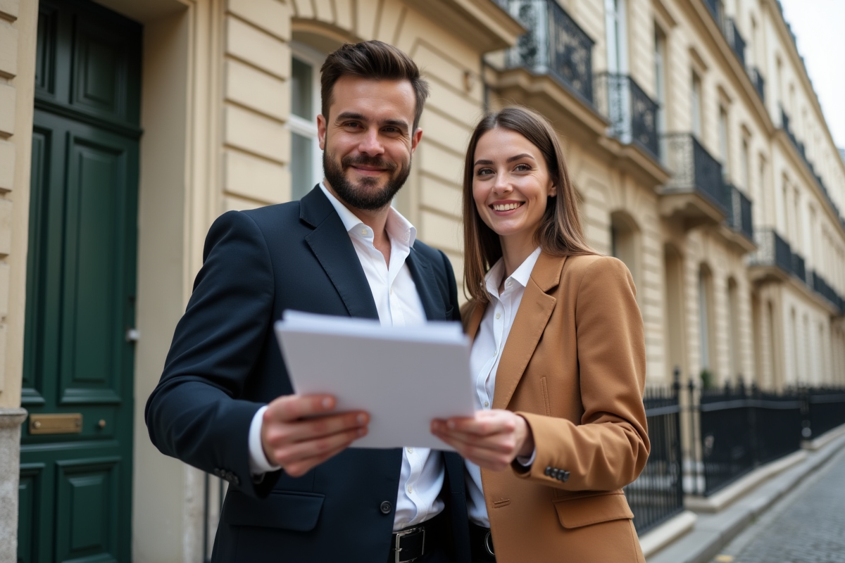 Jeune couple parisien souriant avec dossier de pret immobilier