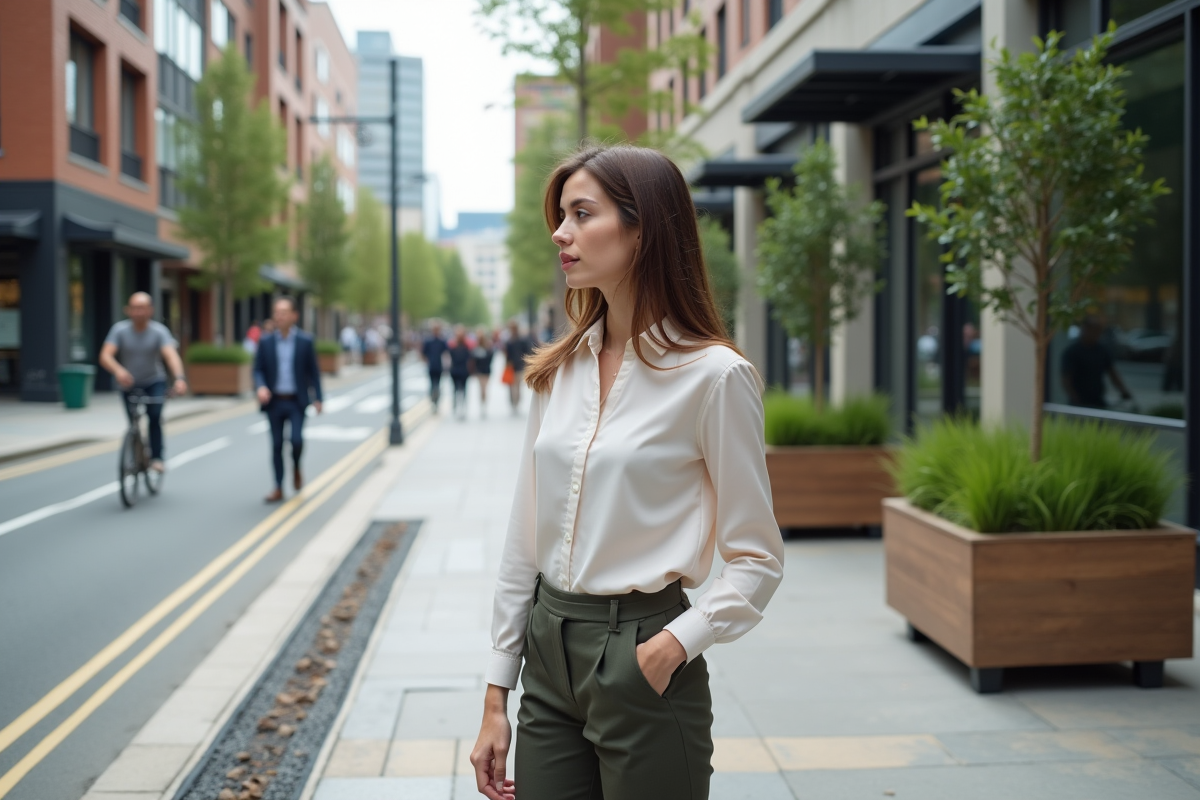 Jeune femme observant une installation artistique urbaine