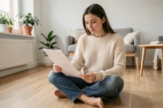 Jeune femme active comparant des offres d'assurance habitation sur son ordinateur portable dans son petit appartement moderne