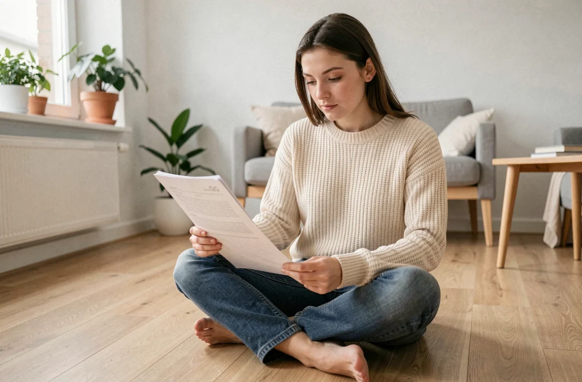 Jeune femme active comparant des offres d'assurance habitation sur son ordinateur portable dans son petit appartement moderne