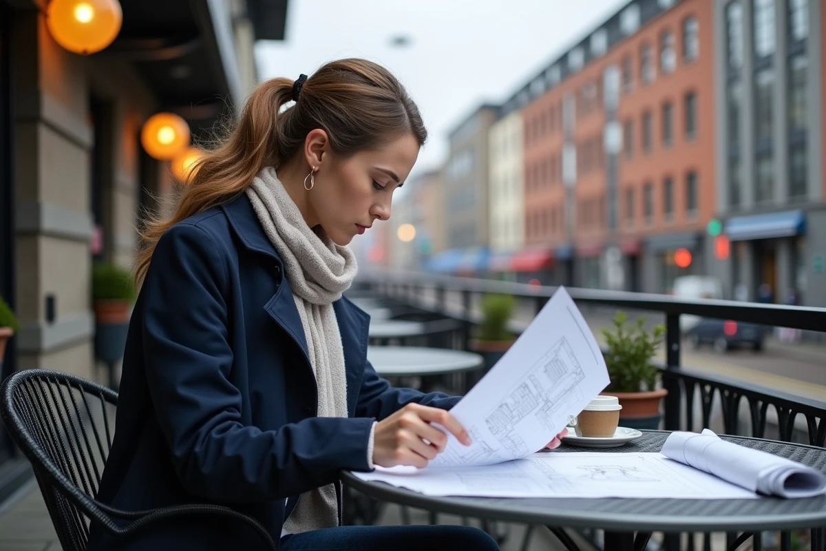 Jeune femme examinant des plans dans un café en ville