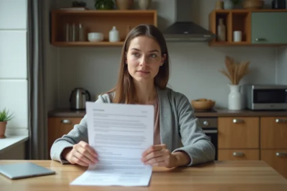 Jeune femme attentivement en train de lire un contrat de location dans une cuisine moderne
