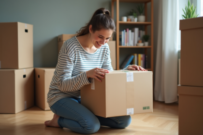 Jeune femme en jeans et rayé préparant un carton de déménagement