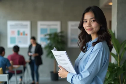 Jeune femme en attente avec dossier social dans un bureau moderne
