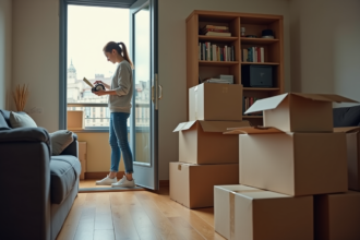 Jeune femme emballant des livres dans une pièce en départ