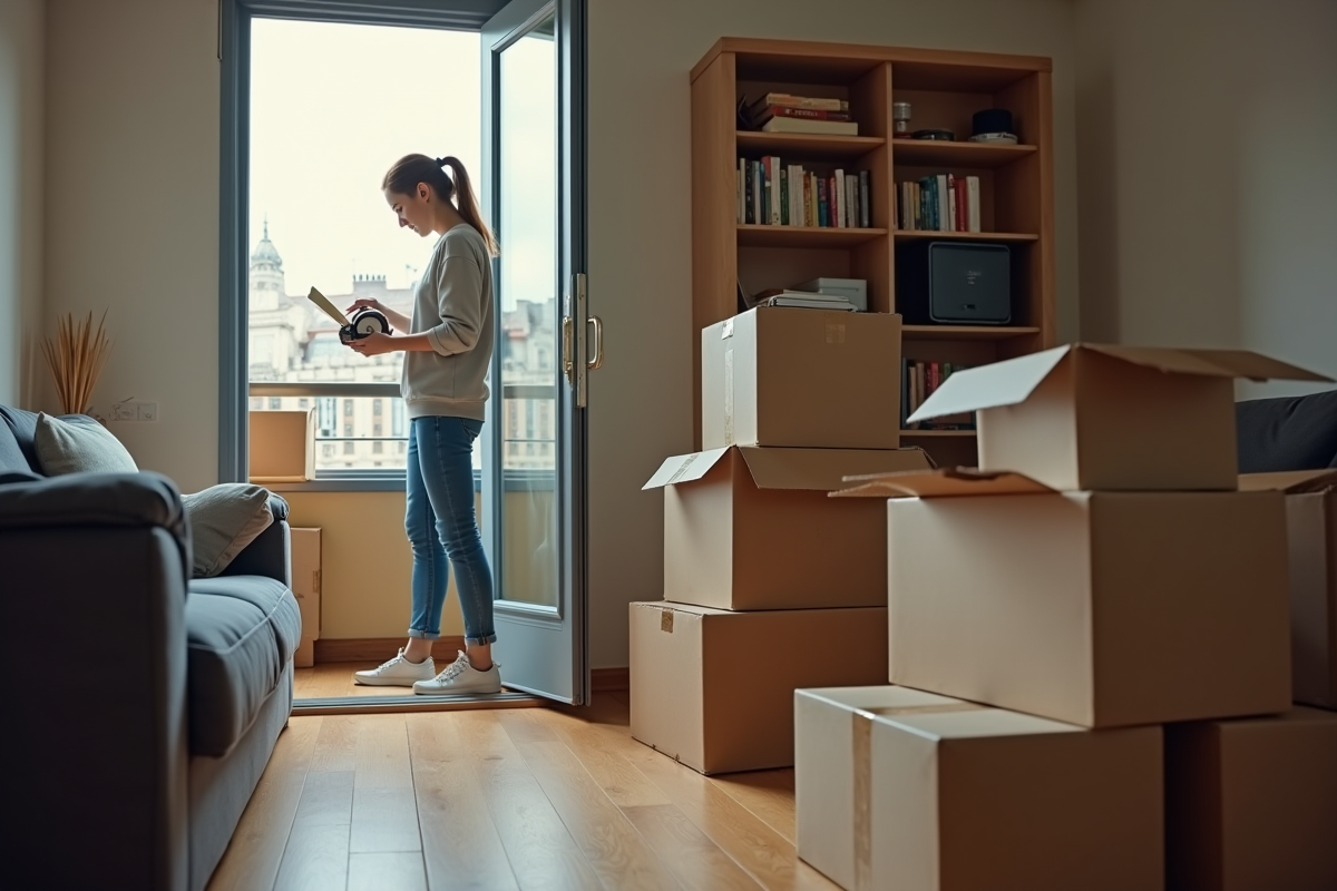 Jeune femme emballant des livres dans une pièce en départ