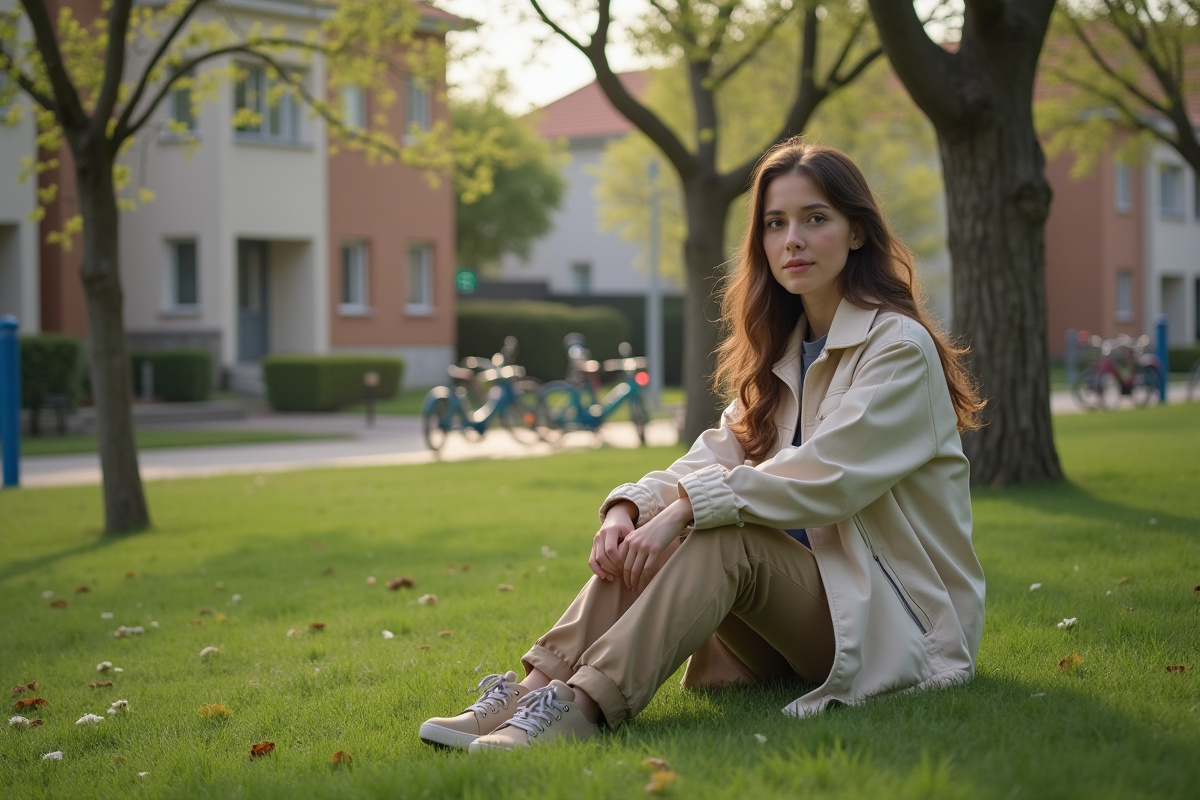 Jeune femme assise dans un parc suburbain calme