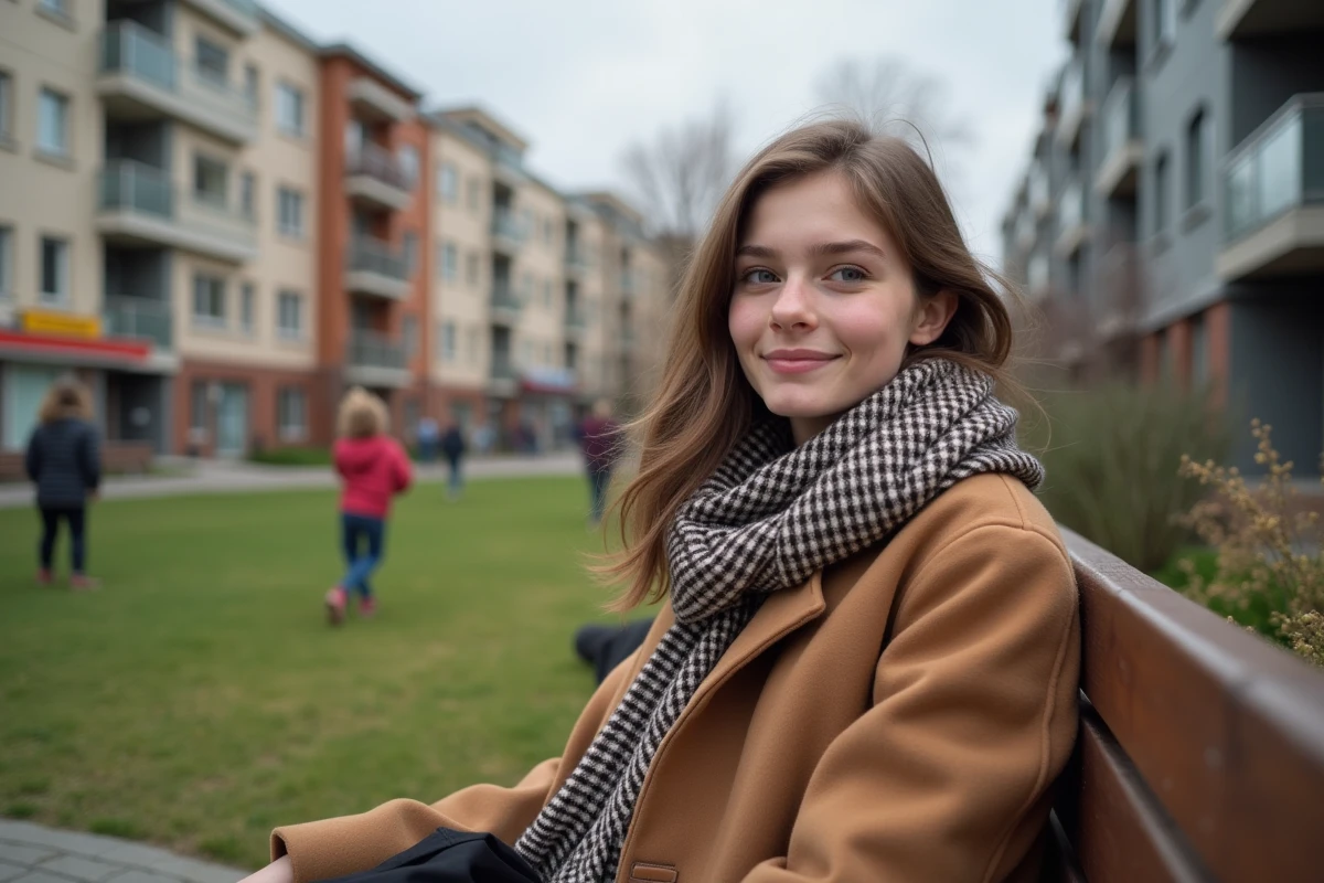 Jeune femme assise sur un banc dans un quartier animé