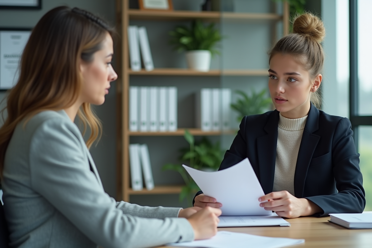Jeune femme rencontrant un agent immobilier dans un bureau moderne