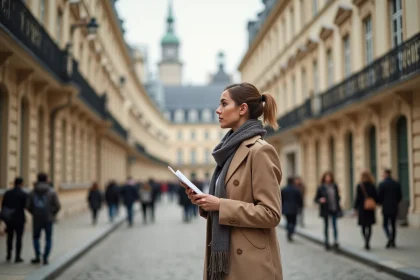Jeune femme à Versailles avec brochure immobilière