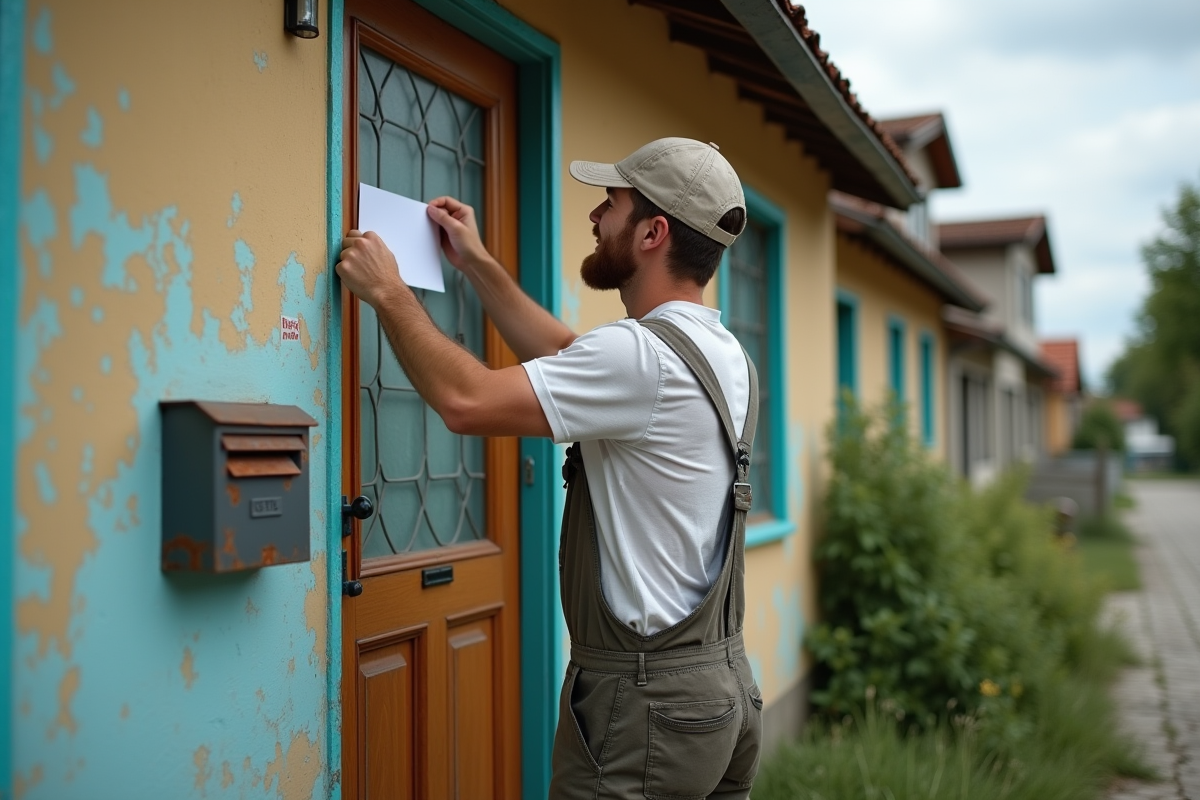 Jeune homme posant une notice sur une porte d