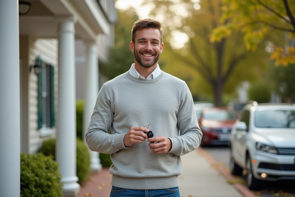 Jeune homme avec clés devant une maison neuve dans le quartier