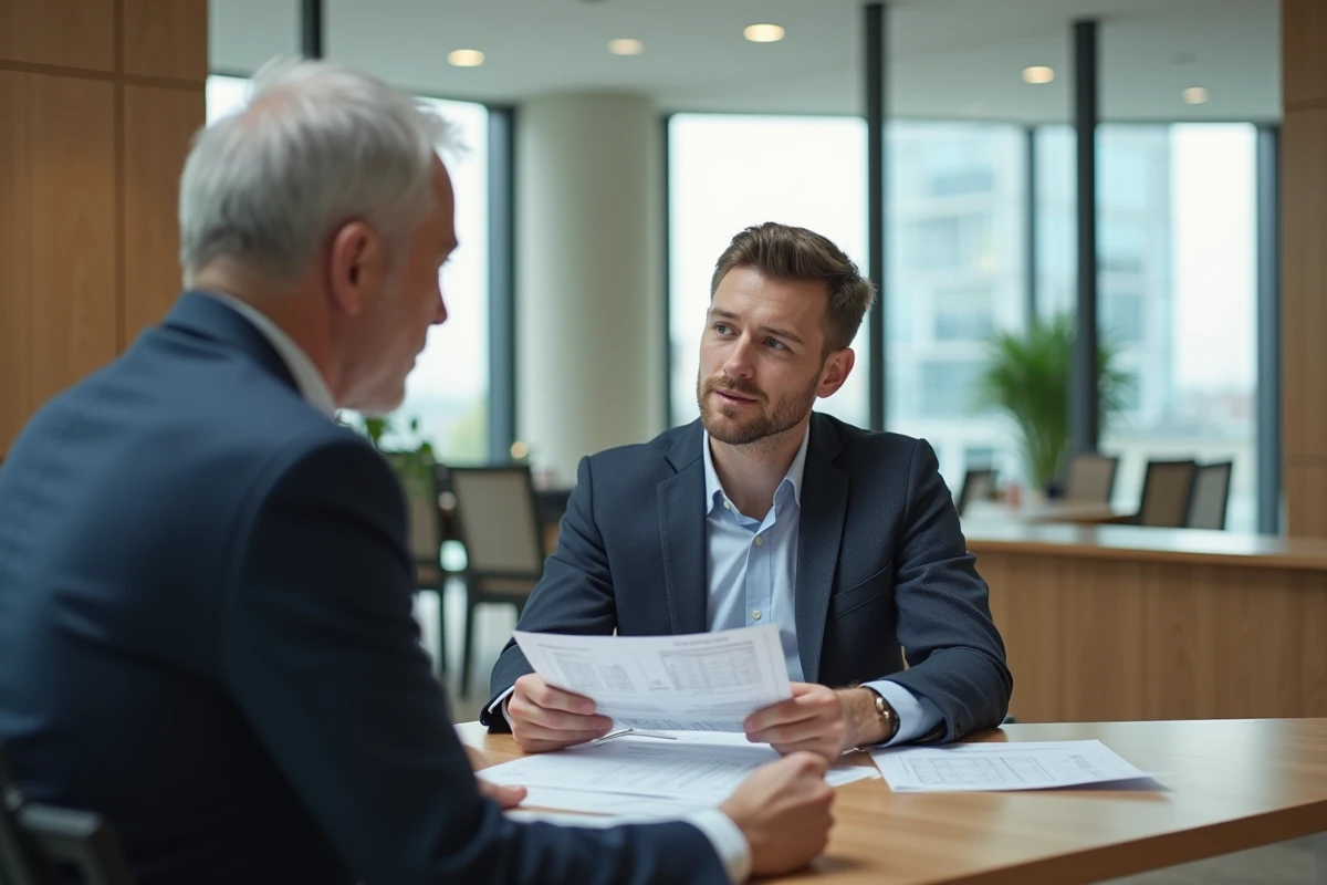 Jeune professionnel rencontrant un conseiller en banque dans un bureau