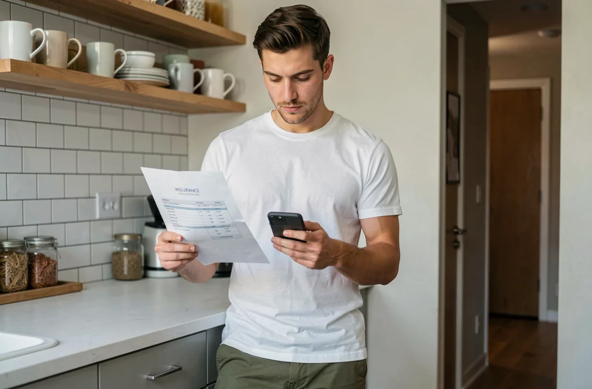 Jeune actif consultant son smartphone et un devis d'assurance habitation dans la cuisine de son appartement