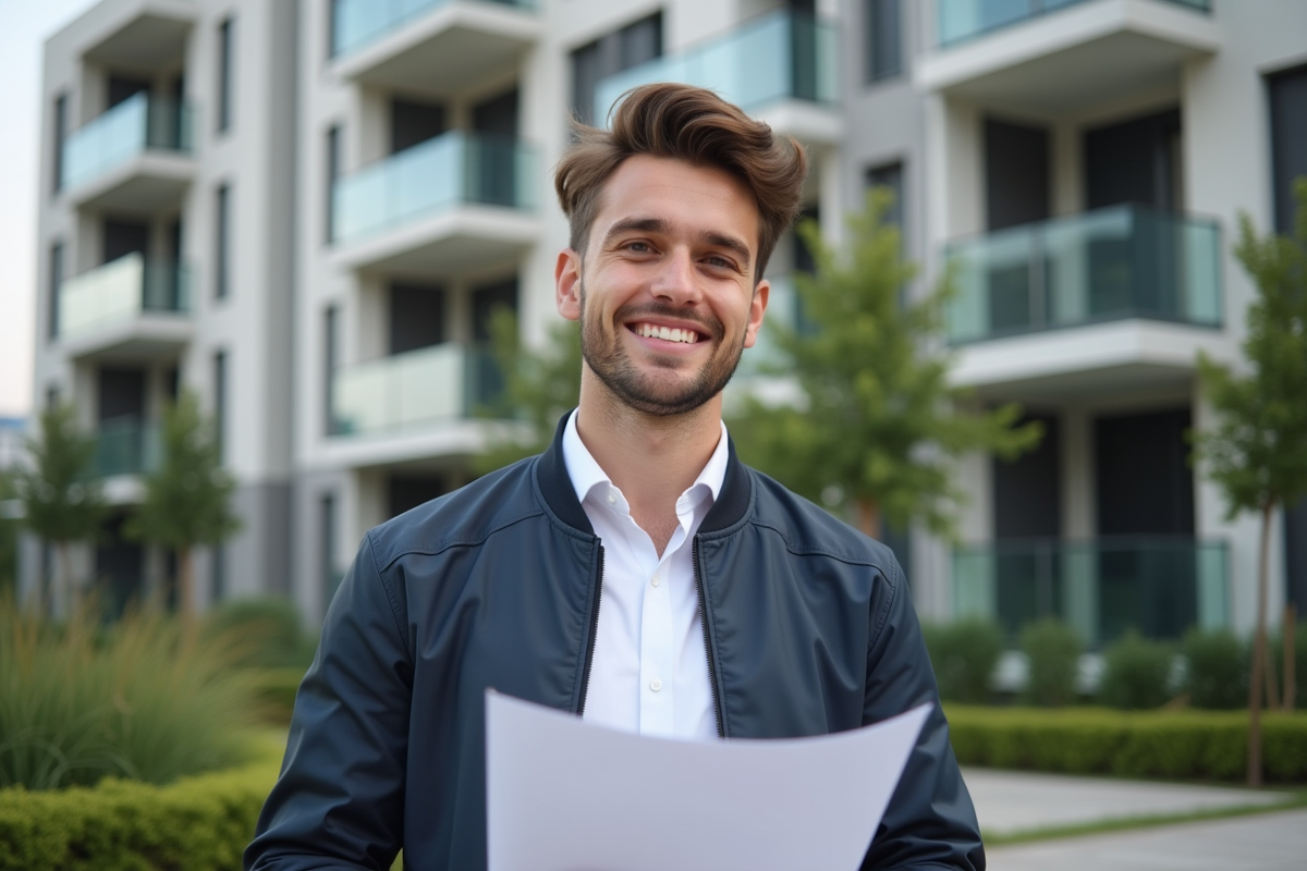 Jeune homme souriant devant immeuble résidentiel