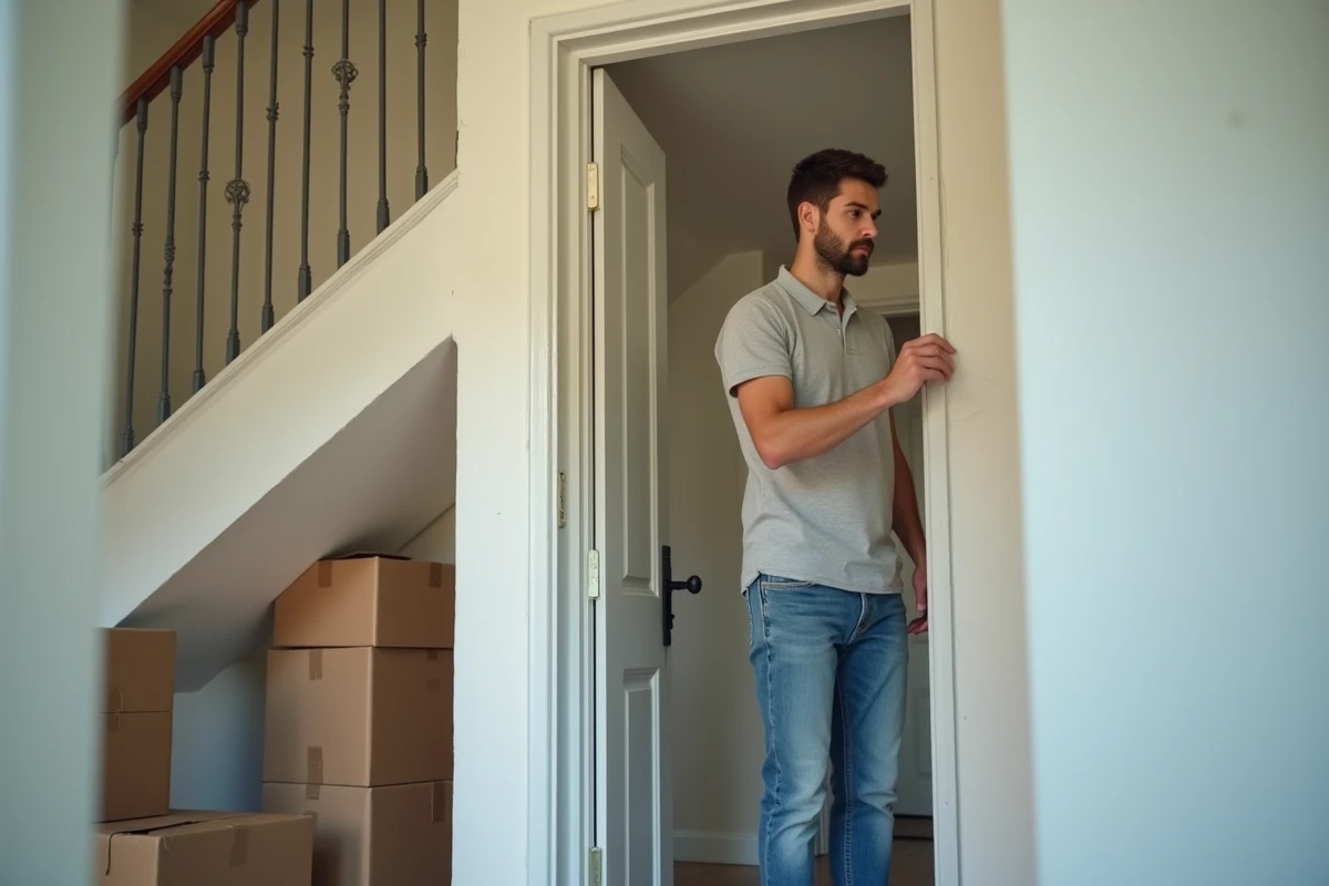 Jeune homme retouchant la peinture dans un couloir rénové