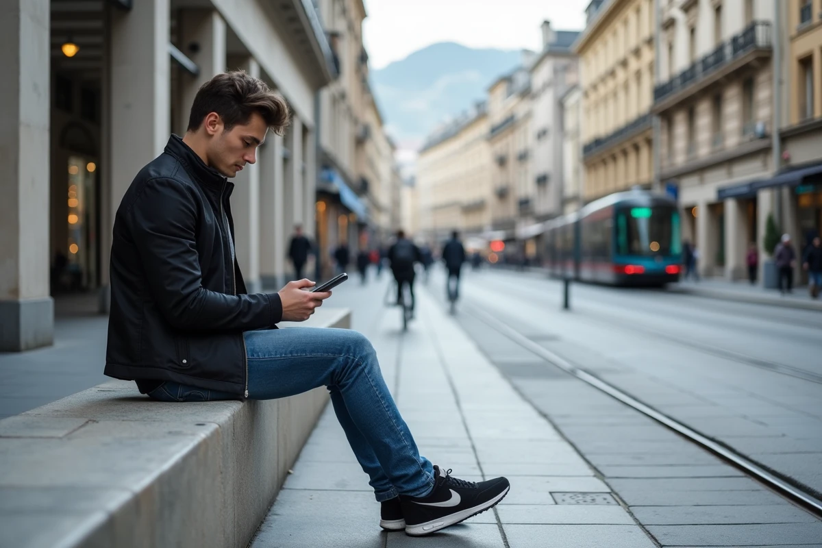 Jeune homme assis sur un banc à Grenoble