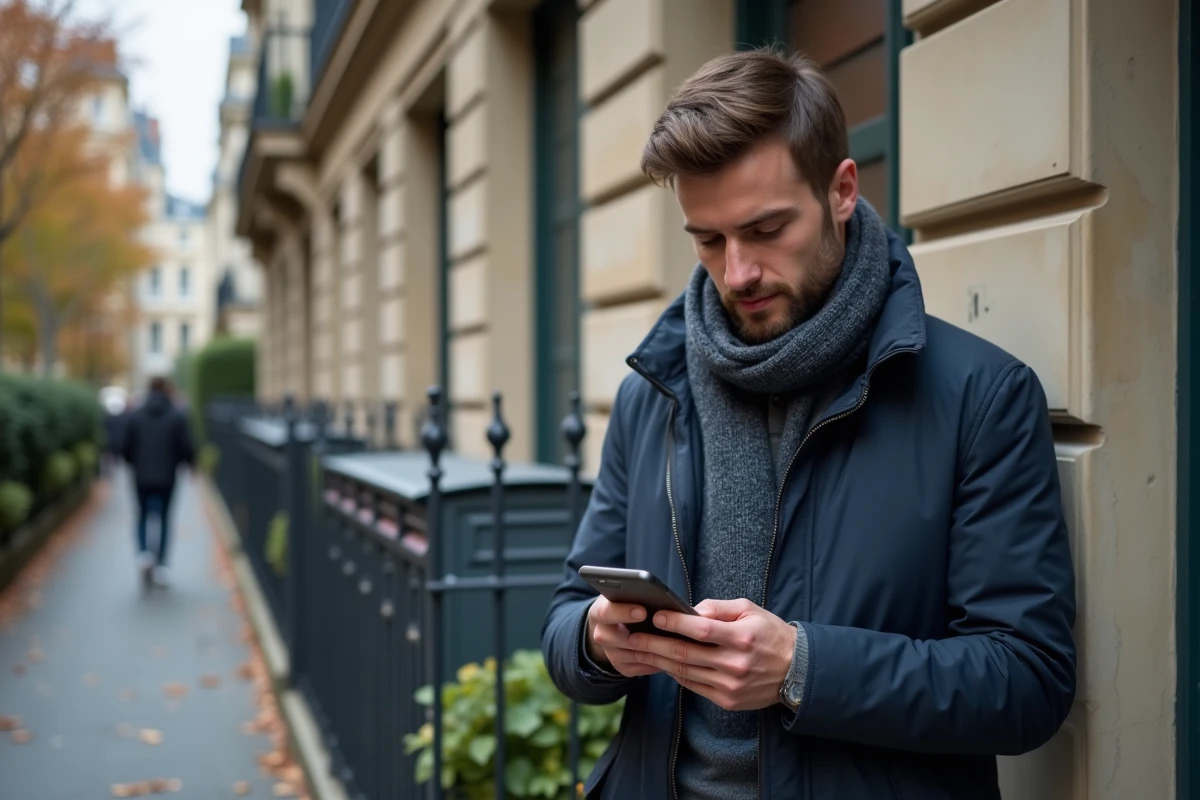 Jeune homme vérifiant ses informations sur son smartphone devant un immeuble parisien