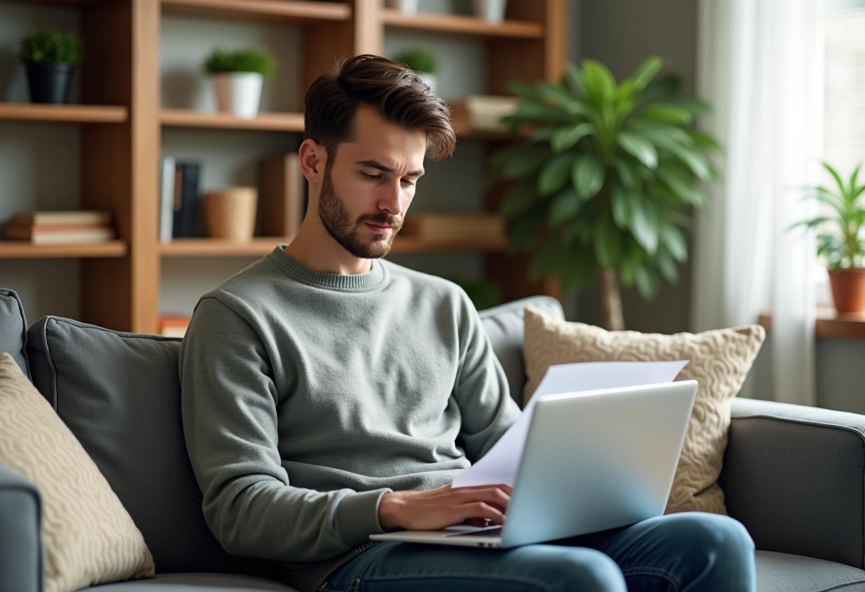 Jeune homme en sweater utilise son ordinateur dans un salon lumineux