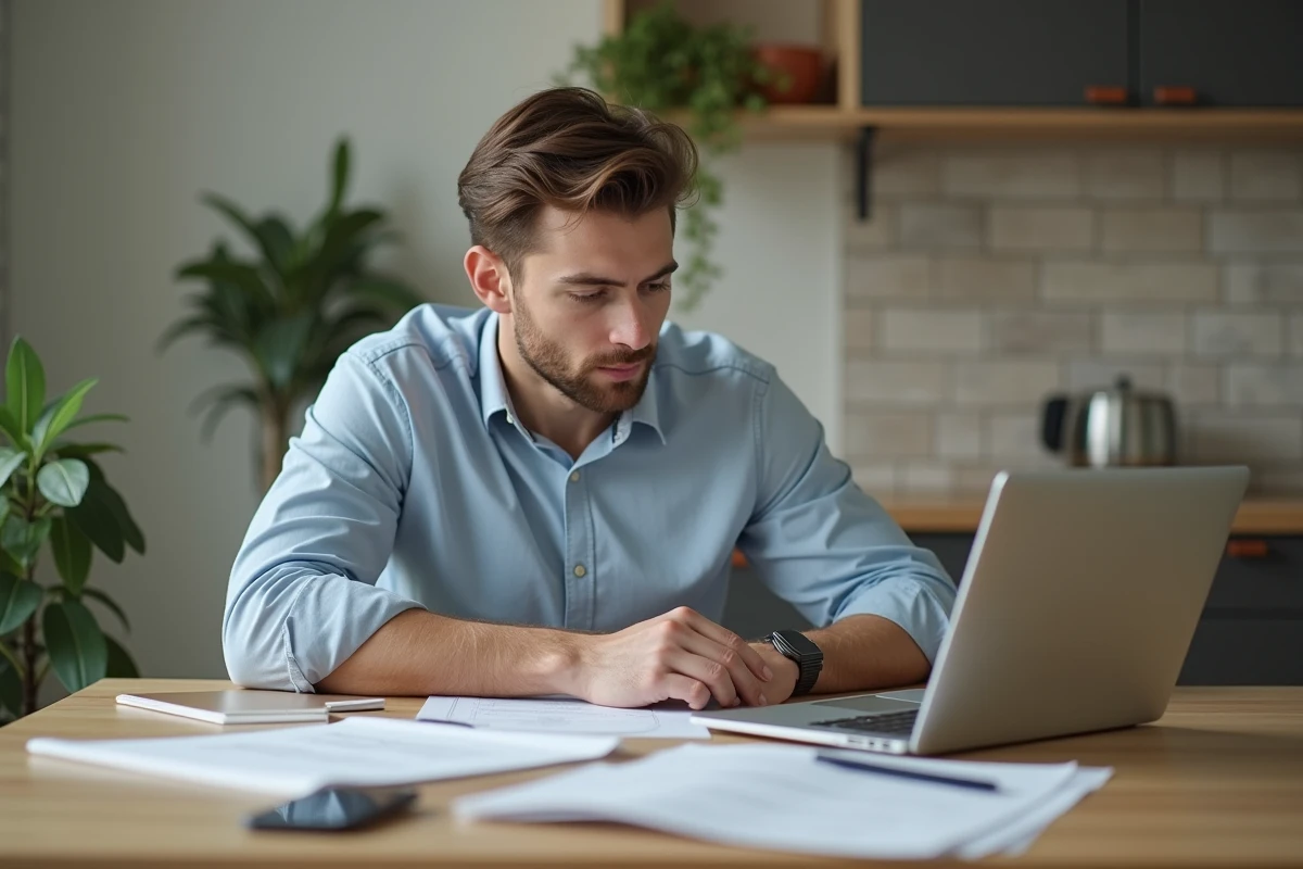 Jeune homme travaillant à son bureau à domicile avec documents et ordinateur