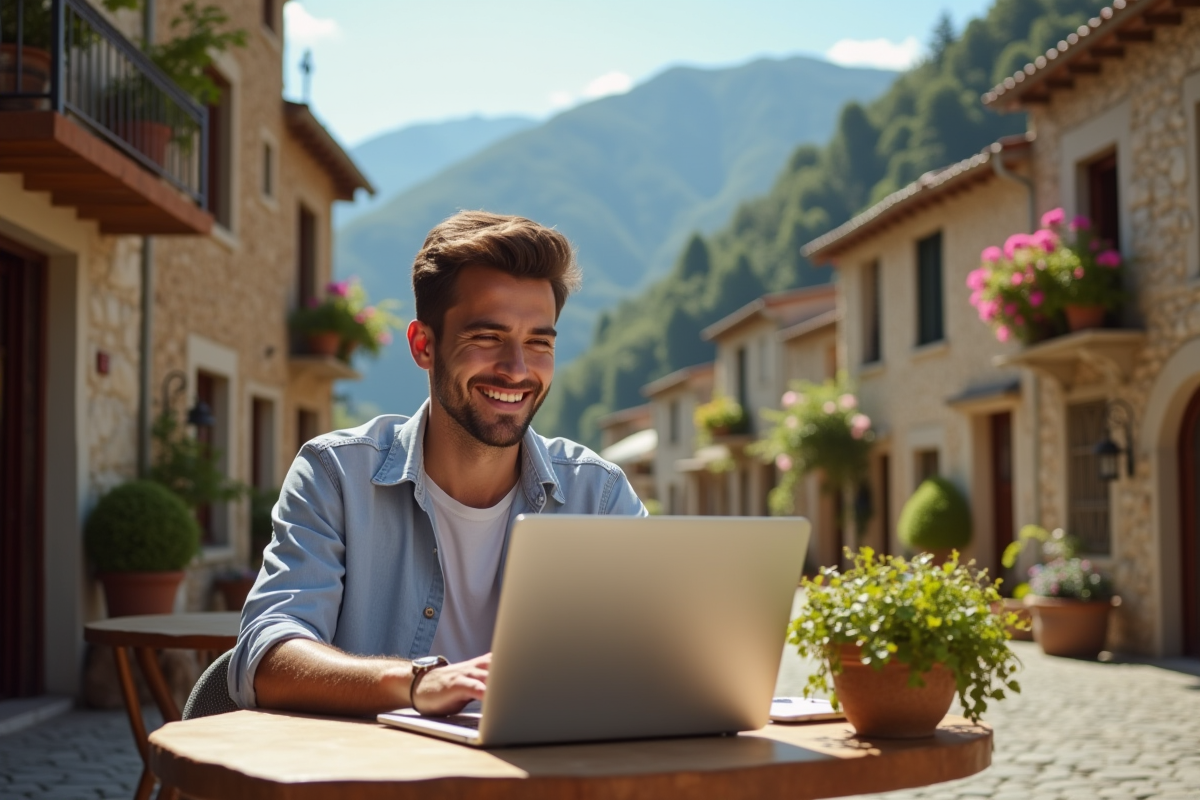 Jeune professionnel travaillant en extérieur dans un village pittoresque