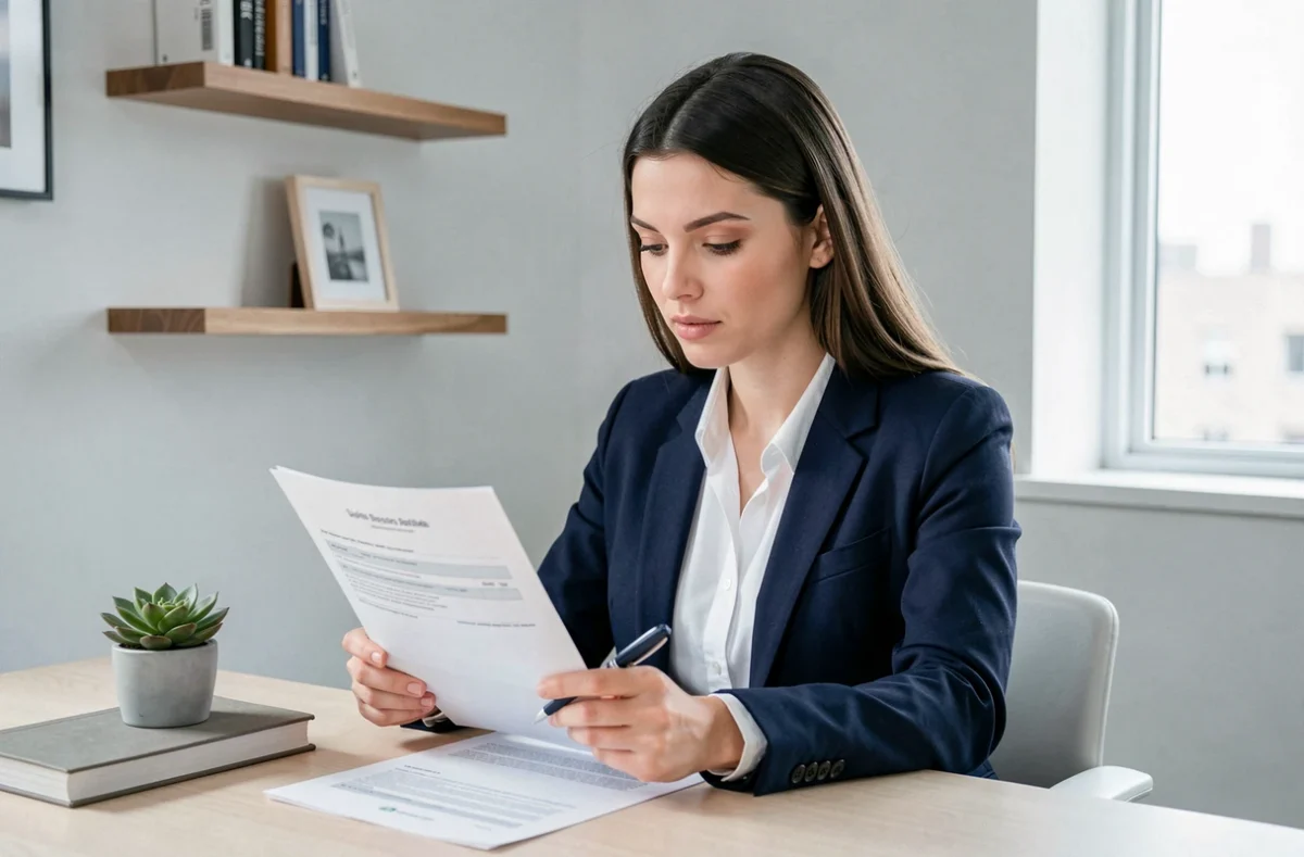 Jeune professionnelle lisant attentivement un contrat d'assurance habitation à son bureau à domicile