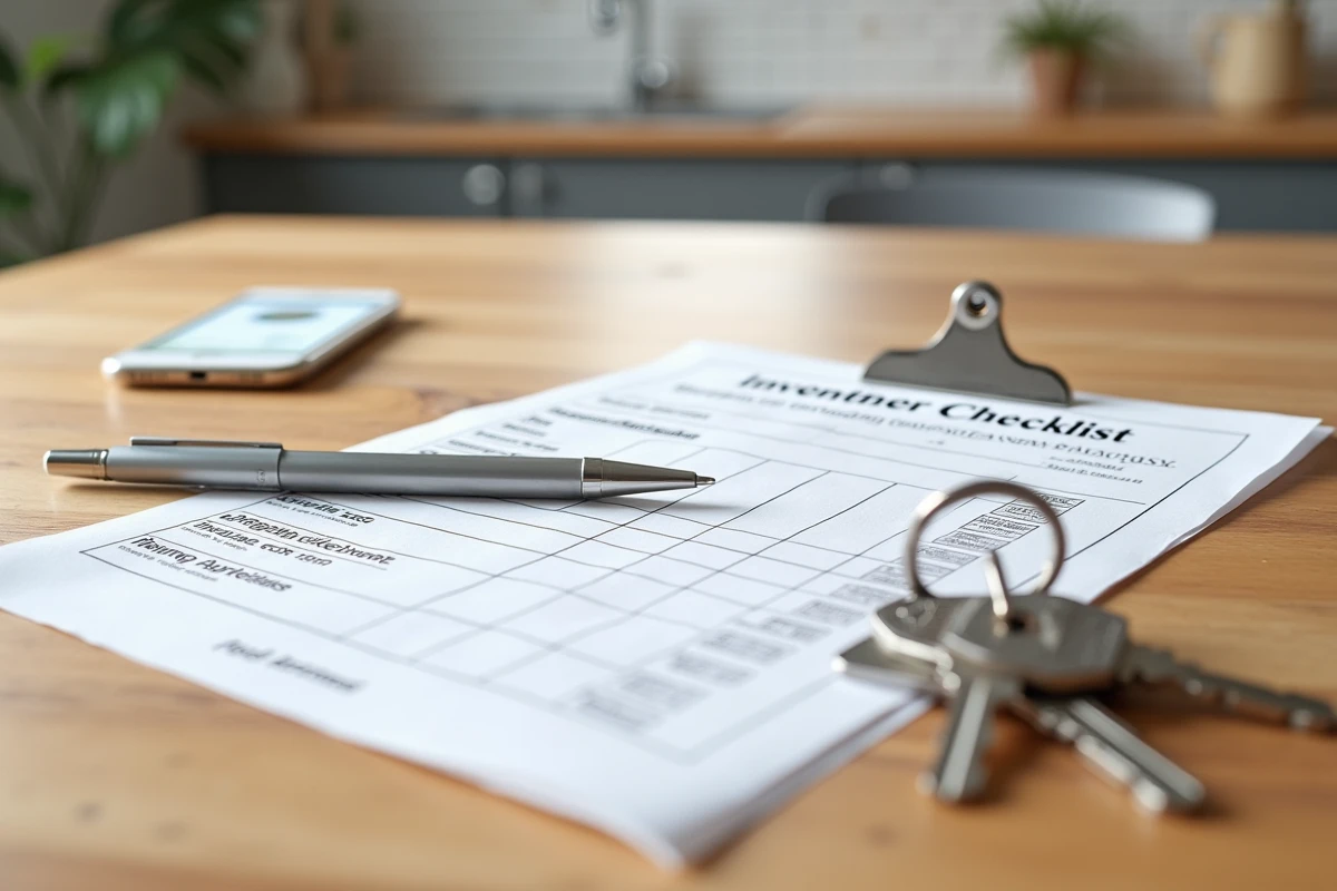 Liste de mobilier pour location meublée avec clés d'appartement et checklist état des lieux sur une table en bois