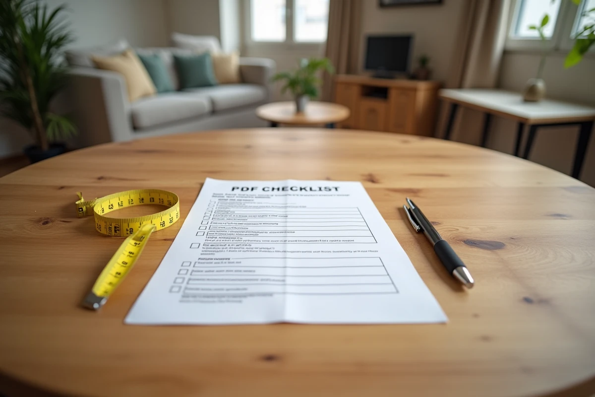 Liste de mobilier obligatoire en PDF posée sur une table avec un appartement meublé en arrière-plan