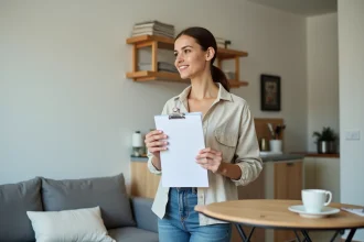 Femme consultant une liste de mobilier dans un studio meublé compact avec canapé-lit et kitchenette