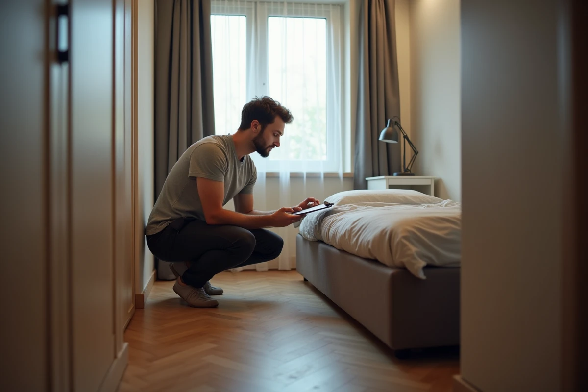 Homme vérifiant la liste de mobilier obligatoire dans la chambre d'un T2 meublé avec parquet et armoire