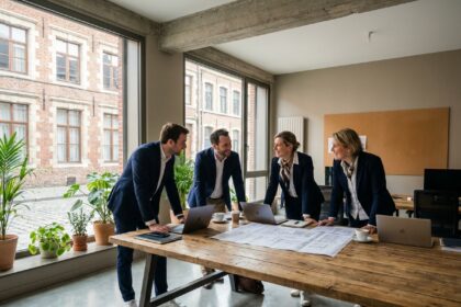 Équipe de professionnels en réunion dans un bureau moderne loué à Lille avec vue sur architecture flamande