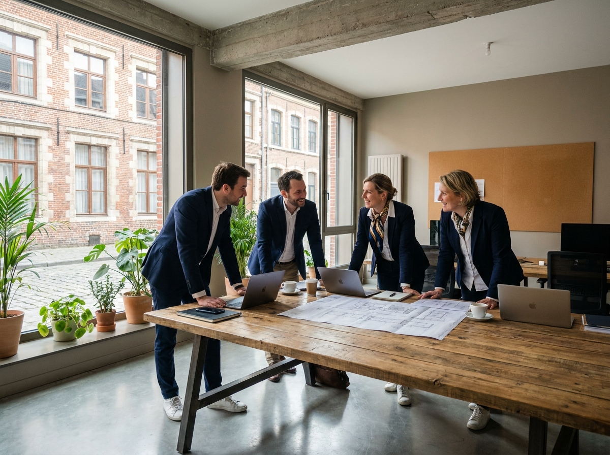 Équipe de professionnels en réunion dans un bureau moderne loué à Lille avec vue sur architecture flamande